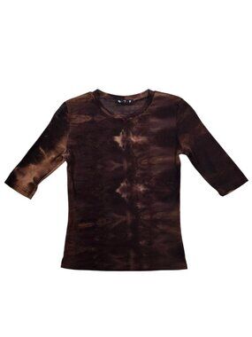 Y2K 579 Womens Brown Tie Dye Mesh Sheer Fairy Grunge 3/4 Sleeves Baby Tee Small